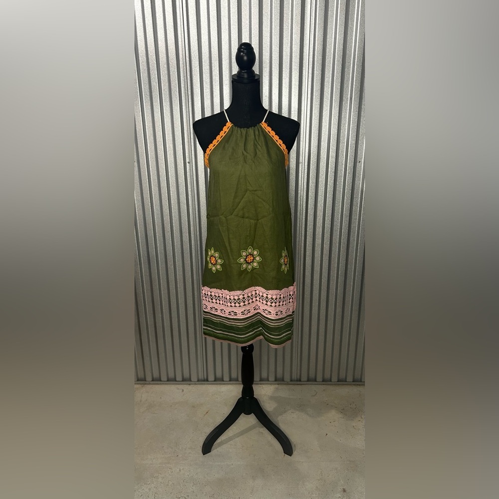 Women’s Raffaela D’Angelo Green Linen Floral Tassel Rope Tunic Dress Size Small